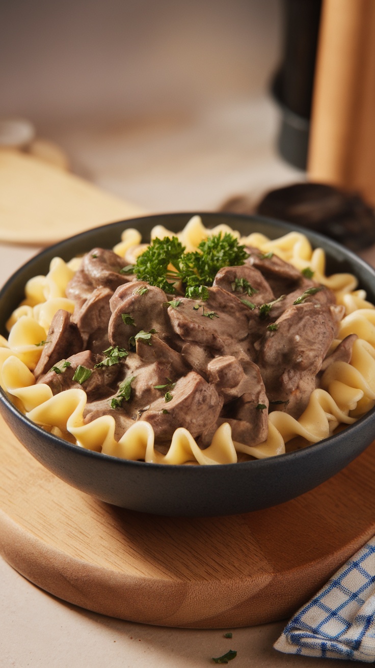 A bowl of beef stroganoff served over egg noodles, garnished with parsley.