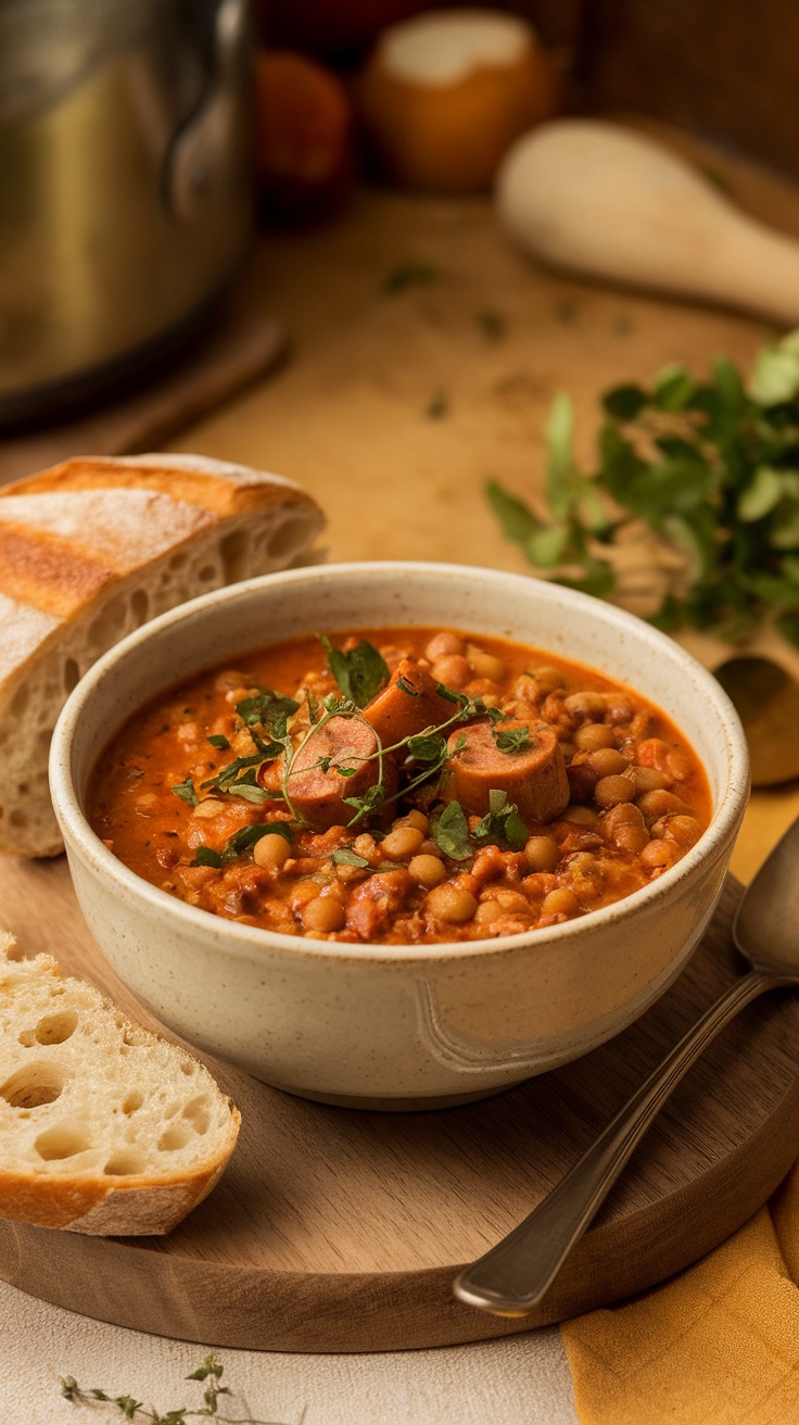 Bowl of spicy sausage and lentil soup with bread on the side